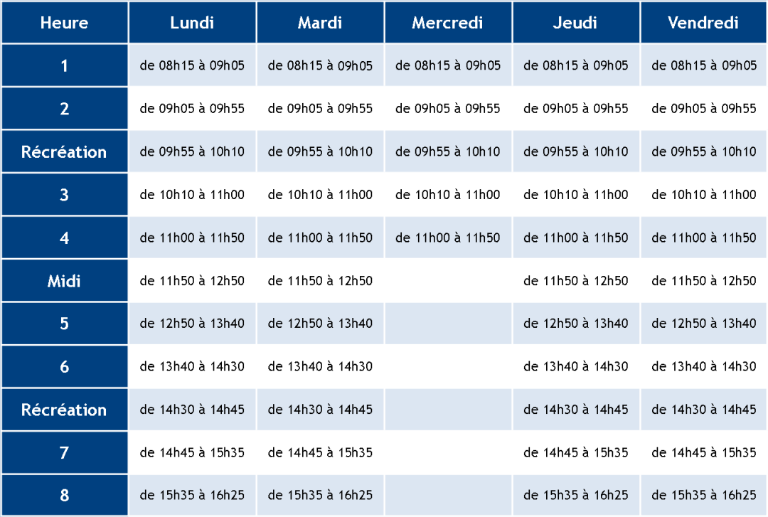 HORAIRES DES COURS | COLLÈGE SAINT-VINCENT